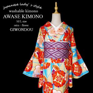 Kisste（キステ） 着物 小紋 袷 薄橙 ストライプに八重桜 菊 M Lサイズ