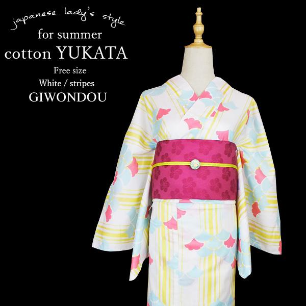 浴衣 レディース 白色地×パステルカラー 黄色の縞・水色・ピンク色のイチョウ 夏の優しい彩り浴衣 大...