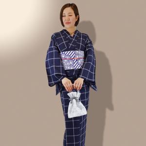浴衣 レディース 紺色地 白色 格子模様 しじ...の詳細画像1