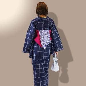 浴衣 レディース 紺色地 白色 格子模様 しじ...の詳細画像2