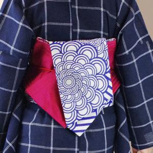 浴衣 レディース 紺色地 白色 格子模様 しじ...の詳細画像3