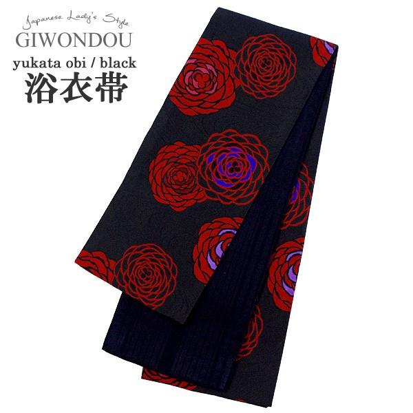 半幅帯 浴衣帯 小袋帯 細帯 リバーシブル ポリエステル 仕立て上がり 黒色地/赤色の薔薇 流水紋 ...
