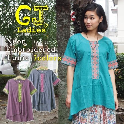チュニック ネオン刺繍ロング丈チュニック