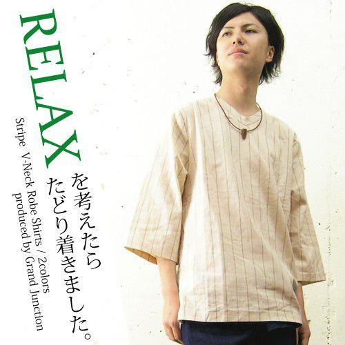 プルオーバー シャツ メンズ ストライプＶネックローブシャツ