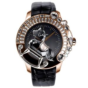 スワロフスキーのキラキラ腕時計 Galtiscopio(ガルティスコピオ) LA GIOSTRA 1 馬15　ローズゴールド ブラック レザーベルト