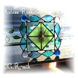 アンティーク ステンドグラス 時計 薔薇 置き、壁掛け兼用 : ステンド