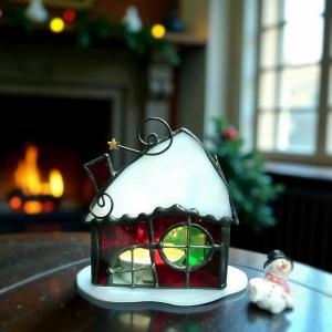 クリスマス　ろうそく立て　ステンドグラス クリスマス〜ステンドグラス風キューブボックス（サンタとスノーマン