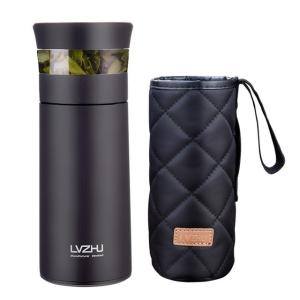水筒 車対応 350ml アウトドア 真空断熱 直飲み ステンレス ティーコップ付き 水筒 保温 茶こし付き 家庭 大容量 ブラック
