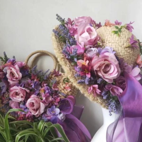 かごバッグ 麦わら帽子 セット ナチュラル ベージュ パープル 紫 ピンク フラワー 花 お花 リボ...