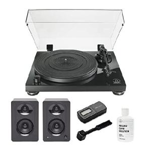 Audio Technica AT-LPW50PB Manual Belt-Drive Turntable (Black) Bundle with Powered Bookshelf Monitor Speaker Pair, Record Care System, Cleaning並行輸入