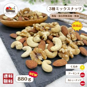 3種 ミックスナッツ 880g 無塩 無油 保存料無添加 アーモンド くるみ クルミ 胡桃 カシューナッツ 素焼き ロースト メール便 送料無料