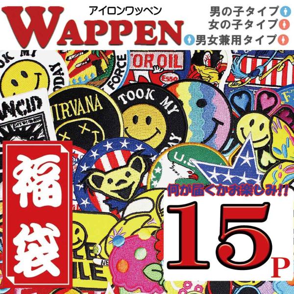 アイロンで一発貼り付け ワッペン アイロン アップリケ男の子タイプ,女の子タイプ15枚福袋セット 福...