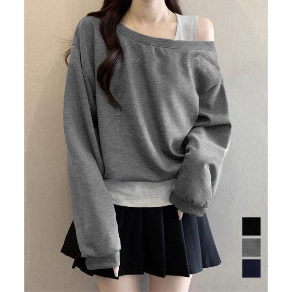 レイヤード風スウェットワンショルダー秋服 レディース 韓国 フリーサイズ