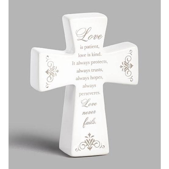 十字架の置物 スクロール柄 クロス立て掛け  コリント人への第一の手紙13章