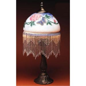 テーブルランプ ガレ風 アールデコ調 フラワー＆バタフライ柄 ガラスシェード ガラスビーズ付き 真鍮...