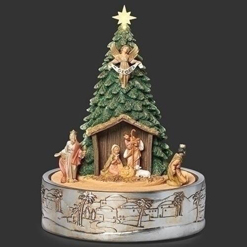 イエスキリストご降誕の置物 ヴィンテージ風 クリスマスツリー型 ベツレヘムの星ライト付き ミュージカ...