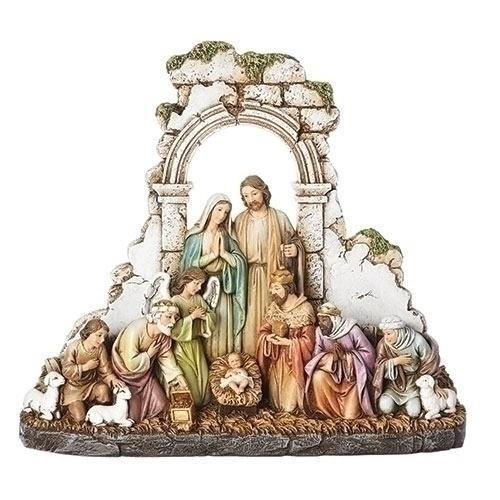 イエスキリストご降誕 ネィティビティ置物 聖なる家族、3人の博士、羊飼い、天使 石作りのアーチ