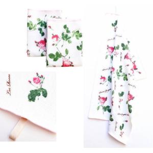 イノダ織りコットンふきん ひも付き ルドゥーテ ローズ 「バラ図譜」 ニット・キッチンクロス ♪5枚...