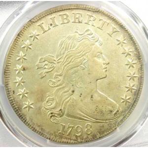 1798年 ドレープバスト シルバーダラー 1ドル硬貨 - PCGS鑑定済み AU詳細 - 希少コイン！
