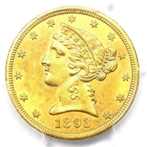 1893年CCミント リバティ金貨ハーフイーグル5ドル硬貨 - PCGS未流通品詳細（UNC MS）