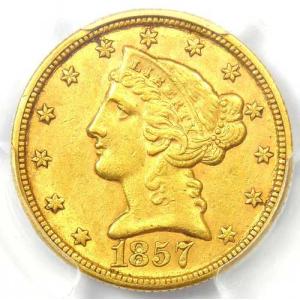 1857-C リバティ金貨ハーフイーグル 5ドル - PCGS AU 詳細 - 希少なシャーロット金貨！