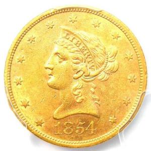 1854年Sミント リバティ・ゴールドイーグル10ドル金貨 - PCGS鑑定済みAU55 - 6,000ドル相当