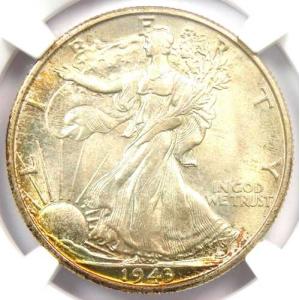 1943年Sミント ウォーキングリバティハーフダラー 50セント硬貨 - NGC MS67+プラスグレード - 1万ドル相当！