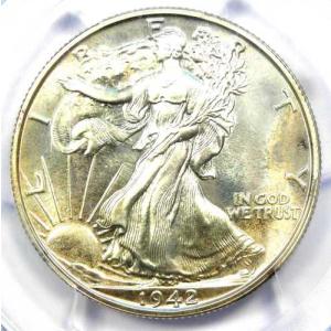 1942年プルーフウォーキングリバティハーフダラー50セント硬貨。PCGS PR68 (PF68) - 6,250ドル相当