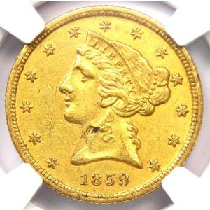 1859年Cミント リバティ金貨ハーフイーグル5ドル - NGC AU詳細 - 希少なシャーロット金貨！