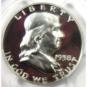 1958年プルーフ フランクリンハーフダラー 50セント硬貨 - PCGS PR69 カメオ (PF69) - 価値5,250ドル