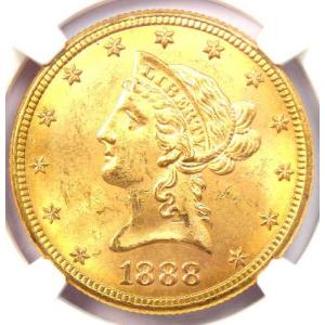 1888年Sミント リバティ・ゴールドイーグル10ドル硬貨 - NGC鑑定済みMS64（未使用） - 価値5,500ドル