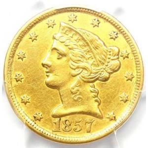 1857-C リバティ金貨ハーフイーグル 5ドル - PCGS AU 詳細 - 希少なシャーロット金貨！
