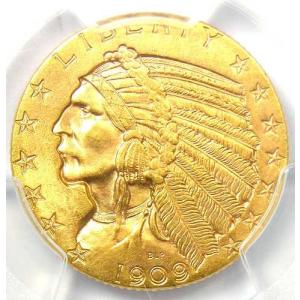 1909年インディアン金貨ハーフイーグル（5ドル） - PCGS MS64+グレード - 価値5,500ドル