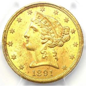 1891年CCミント発行のリバティ金貨ハーフイーグル5ドル硬貨 - PCGS MS63+プラスグレード - 7,000ドル相当！