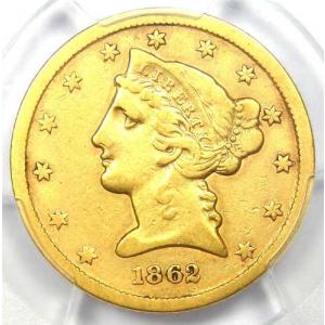 1862-S リバティ金貨ハーフイーグル 5ドル硬貨 - PCGS VF 鑑定済み詳細 - 希少な年号！