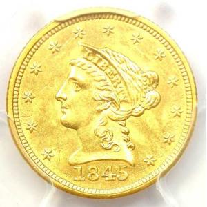 1845年 リバティ金貨 クォーターイーグル 2.50ドル硬貨 - PCGS MS63 (未使用) - 7,000ドル相当