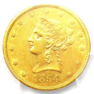 1854年Sミント リバティ・ゴールドイーグル10ドル金貨 - PCGS鑑定済みAU55 - 6,000ドル相当
