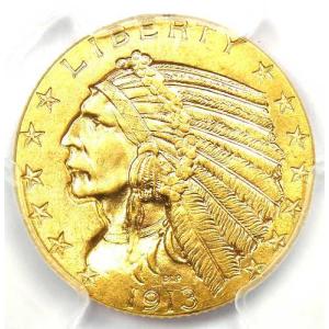 1913年 インド金貨 ハーフイーグル 5ドル硬貨 - PCGS MS64+ プラスグレード - 価値5,750ドル