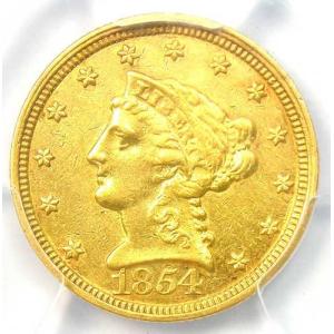 1854年Cミント リバティ金貨 クォーターイーグル 2.50ドル シャーロット - PCGS鑑定済み AU 詳細