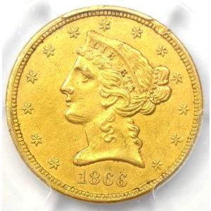 1866年Sミント リバティ金貨ハーフイーグル5ドル（銘文なし） - PCGS鑑定済みAU詳細
