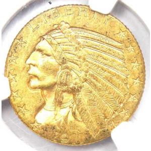 1911年Dミント インド金貨 ハーフイーグル 5ドル硬貨 - NGC MS62 (未使用) - 希少 - 15,000ドル相当