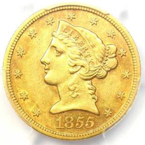 1855年Sミント リバティ金貨ハーフイーグル5ドル硬貨 - PCGS鑑定済みAU53 - 価値5,000ドル