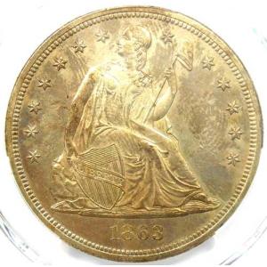 1863年 シーテッド・リバティ銀貨 $1 - PCGS 未流通詳細 (UNC MS) - 希少!