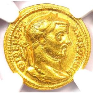ディオクレティアヌス帝の金貨（アウレウス）ローマコイン 284年 - NGC Choice XF (EF) - 5/5 ストライク!