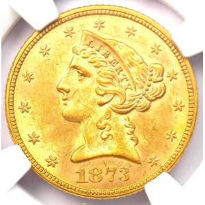 1873年リバティ金貨ハーフイーグル5ドル硬貨 - NGC MS63+プラスグレード - 6,000ドル相当！