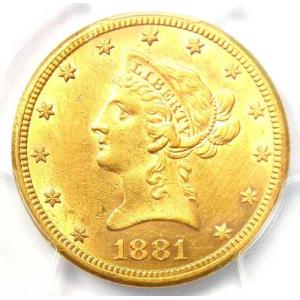 1881年CC リバティ・ゴールドイーグル10ドル カーソンシティコイン - PCGS AU詳細 - ほぼ未使用/ほぼ未使用