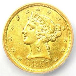 1851年Oミント リバティ金貨 ハーフイーグル 5ドル ニューオーリンズコイン - ICG AU55 - 6,750ドル相当