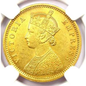 1877年C インド ヴィクトリア ゴールド モハール コイン。NGC 鑑定済み 未使用品 詳細 UNC MS