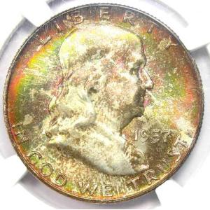1957-D フランクリン ハーフダラー 50セント - NGC MS67+ FBL Plus グレード - トップ ポップ 2/0!