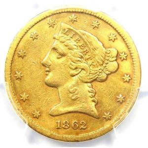 1862-S リバティ金貨ハーフイーグル 5ドル硬貨 - PCGS XF 鑑定済み詳細 - 希少な年号！